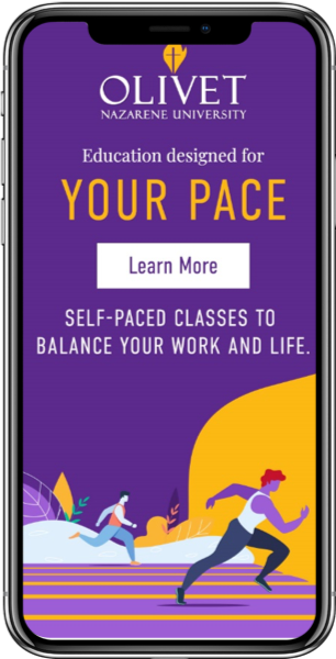 Mobile ad that says "Education Designed for Your Pace", Self-Paced Classes to Balance Your Work and Life.